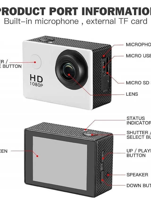 1080p 12MP Action Camera Full HD 2.0 Inch Screen 30 m 98 Foot Waterproof Sports Camera with Accessories Kits for Bicycle Motorcycle Diving Swimming etc
