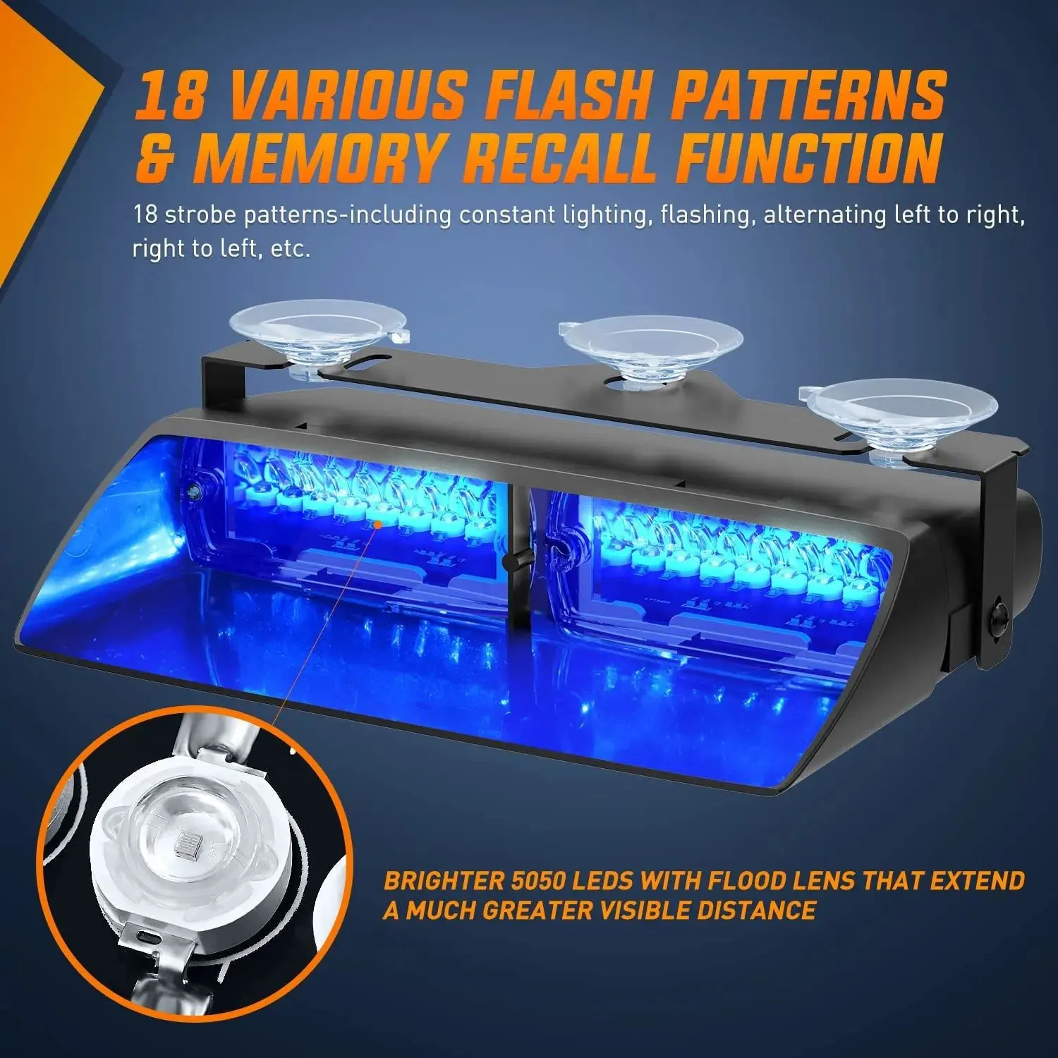 8 Inch 16 Leds Windshield Hazard Blue Strobe Light