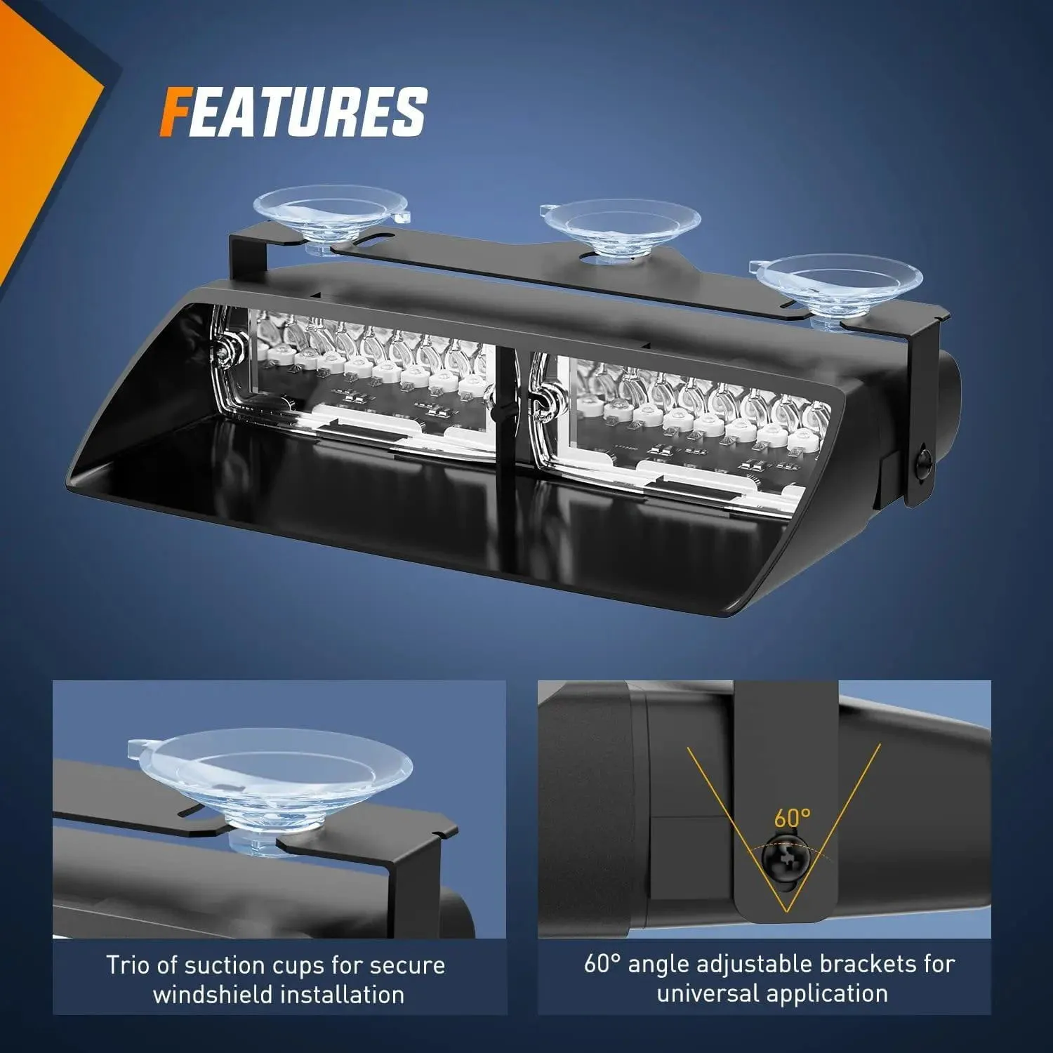 8 Inch 16 Leds Windshield Hazard Blue Strobe Light
