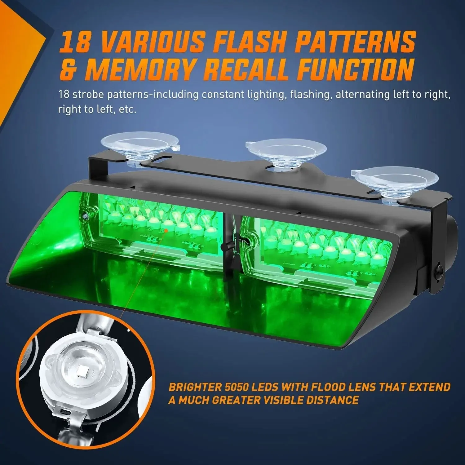 8 Inch 16 Leds Windshield Hazard Green Strobe Light
