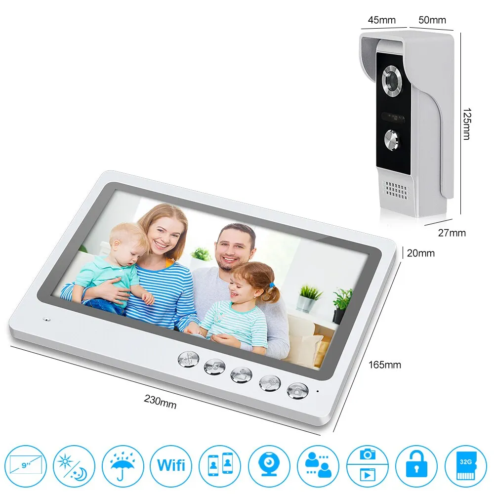 9 Inch Home WiFi Video Intercom System Wireless Video Doorbell with Night Vision Waterproof  Support 32G TF Card Video Recording