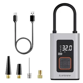 Ambrane 150 PSI Portable Electric Tyre Air Pump for Car & Bike, LED Light & Torch, Easy Mode Switching, Compact Portable Tyre Inflator Turbo (Grey)