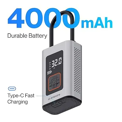 Ambrane 150 PSI Portable Electric Tyre Air Pump for Car & Bike, LED Light & Torch, Easy Mode Switching, Compact Portable Tyre Inflator Turbo (Grey)