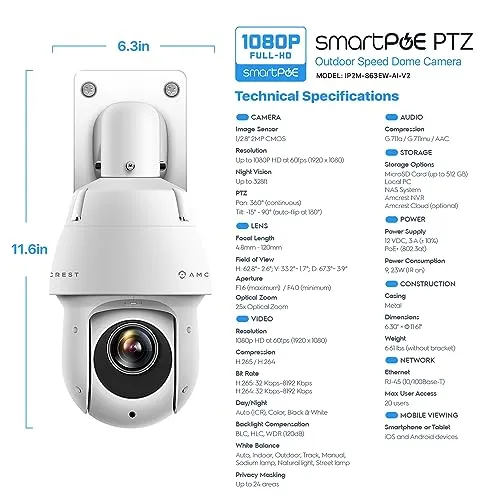Amcrest 2MP Outdoor PTZ POE   IP Camera Pan Tilt Zoom (Optical 25x Motorized) POE  Camera Security Speed Dome, CMOS Image Sensor, 328ft Night Vision, POE  (802.3at) F1.6, IP66, IP2M-863EW-AI-V2