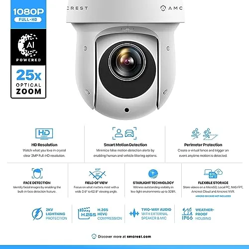 Amcrest 2MP Outdoor PTZ POE   IP Camera Pan Tilt Zoom (Optical 25x Motorized) POE  Camera Security Speed Dome, CMOS Image Sensor, 328ft Night Vision, POE  (802.3at) F1.6, IP66, IP2M-863EW-AI-V2