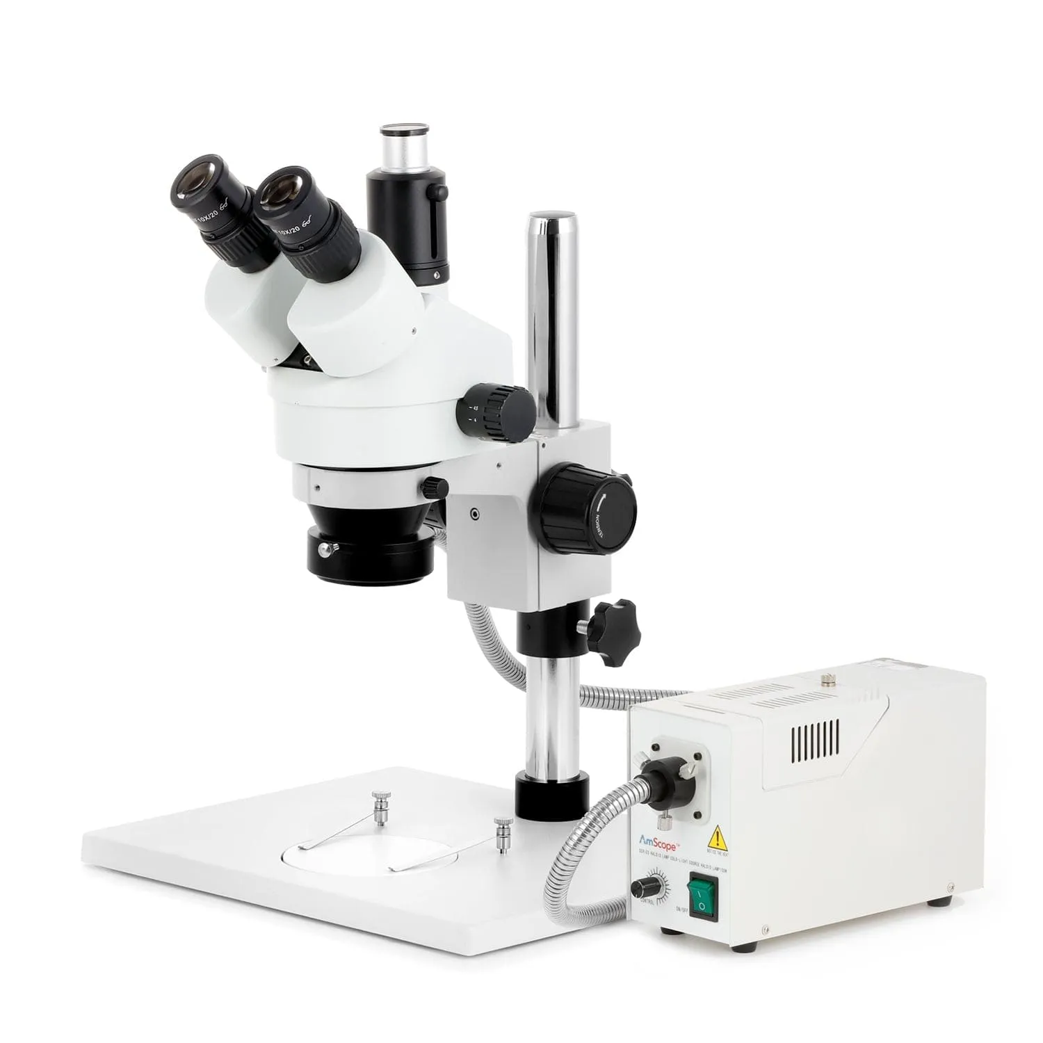 AmScope SM-1 Series Zoom Trinocular Stereo Microscope on Pillar Stand with Extra Large Base Plate w/150W Halogen Ring Light and HD Recording Camera