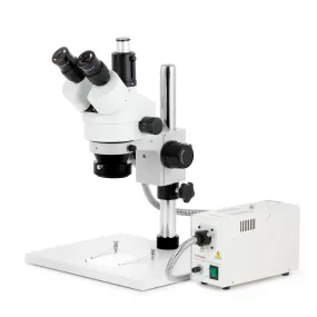 AmScope SM-1 Series Zoom Trinocular Stereo Microscope on Pillar Stand with Extra Large Base Plate w/150W Halogen Ring Light and HD Recording Camera