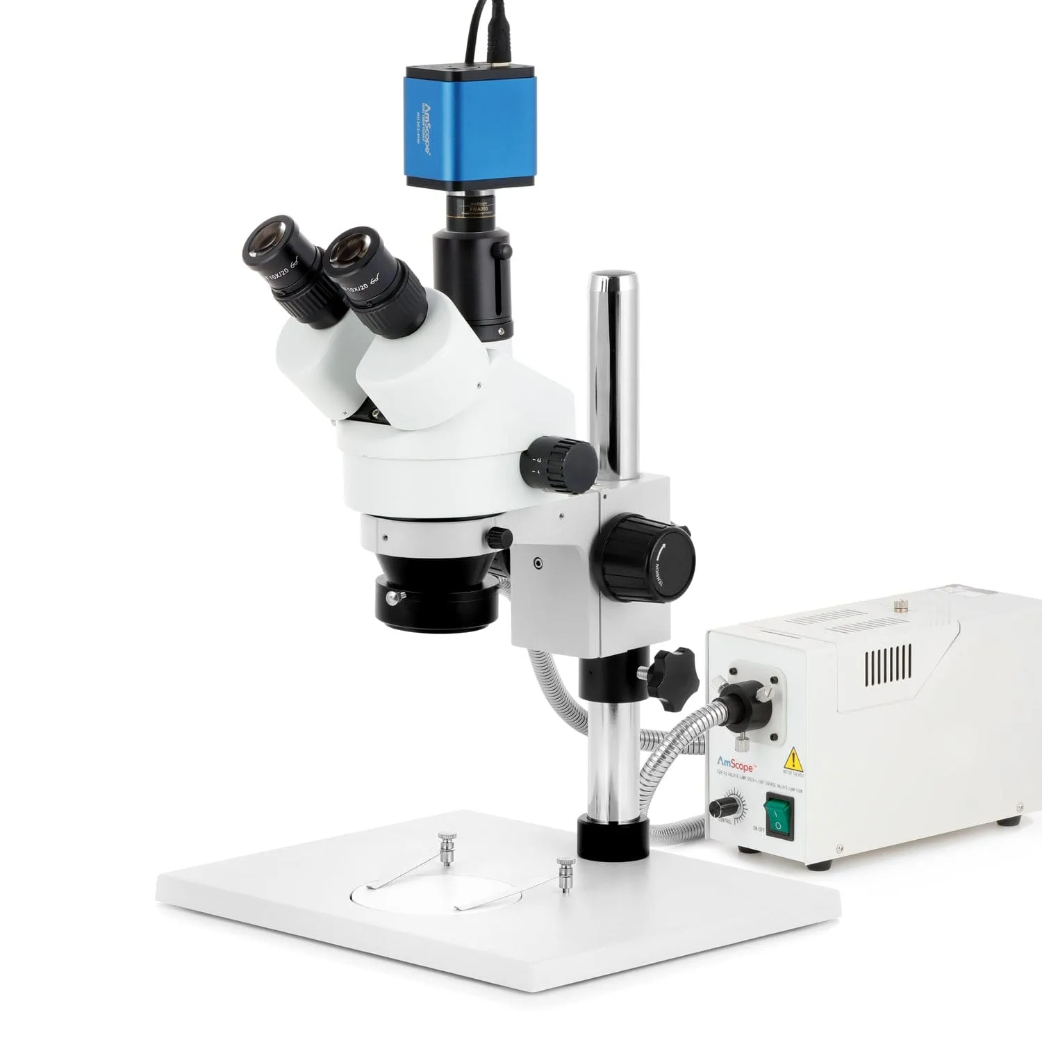 AmScope SM-1 Series Zoom Trinocular Stereo Microscope on Pillar Stand with Extra Large Base Plate w/150W Halogen Ring Light and HDMI Camera