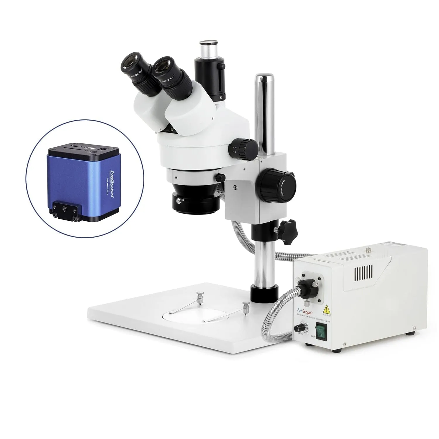 AmScope SM-1 Series Zoom Trinocular Stereo Microscope on Pillar Stand with Extra Large Base Plate w/150W Halogen Ring Light and HDMI Camera
