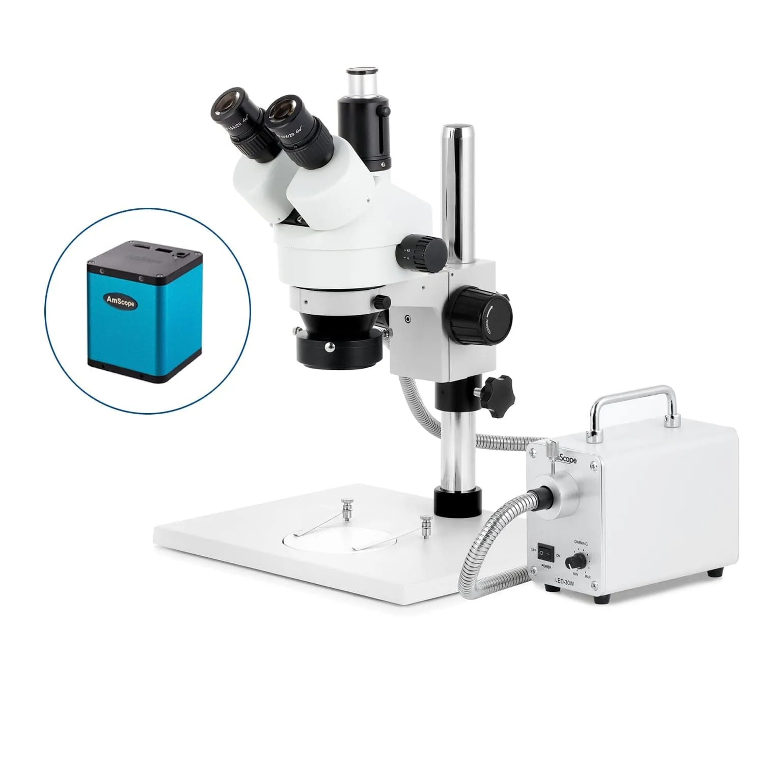 AmScope SM-1 Series Zoom Trinocular Stereo Microscope on Pillar Stand with Extra Large Base Plate w/30W LED Fiber Optic Ring Light and Auto Focus Camera