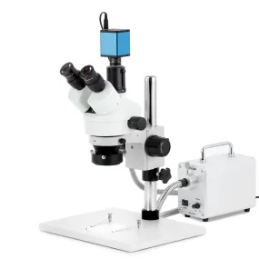 AmScope SM-1 Series Zoom Trinocular Stereo Microscope on Pillar Stand with Extra Large Base Plate w/30W LED Fiber Optic Ring Light and Auto Focus Camera
