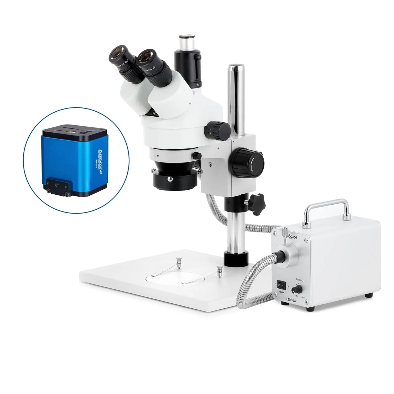 AmScope SM-1 Series Zoom Trinocular Stereo Microscope on Pillar Stand with Extra Large Base Plate w/30W LED Fiber Optic Ring Light and Auto Focus Camera