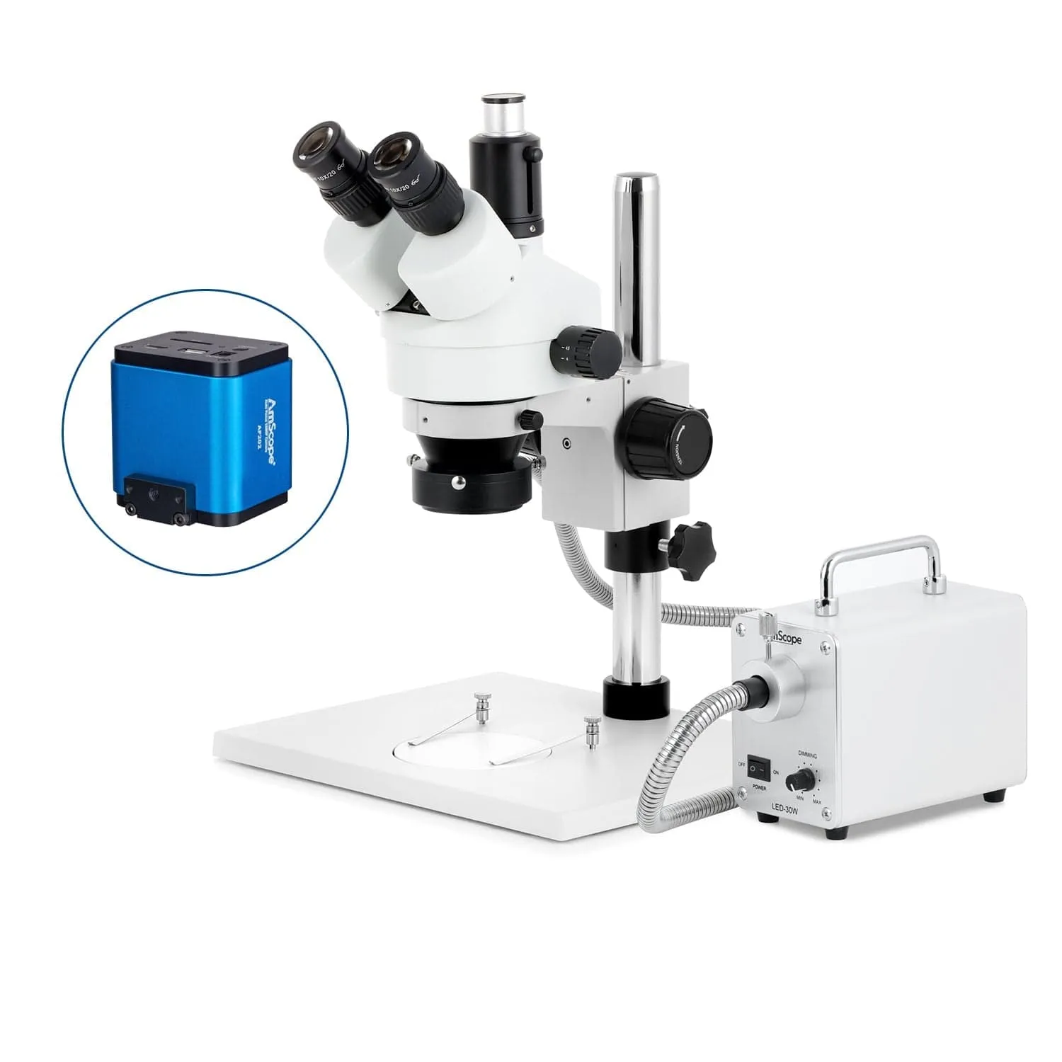 AmScope SM-1 Series Zoom Trinocular Stereo Microscope on Pillar Stand with Extra Large Base Plate w/30W LED Fiber Optic Ring Light and Auto Focus Camera