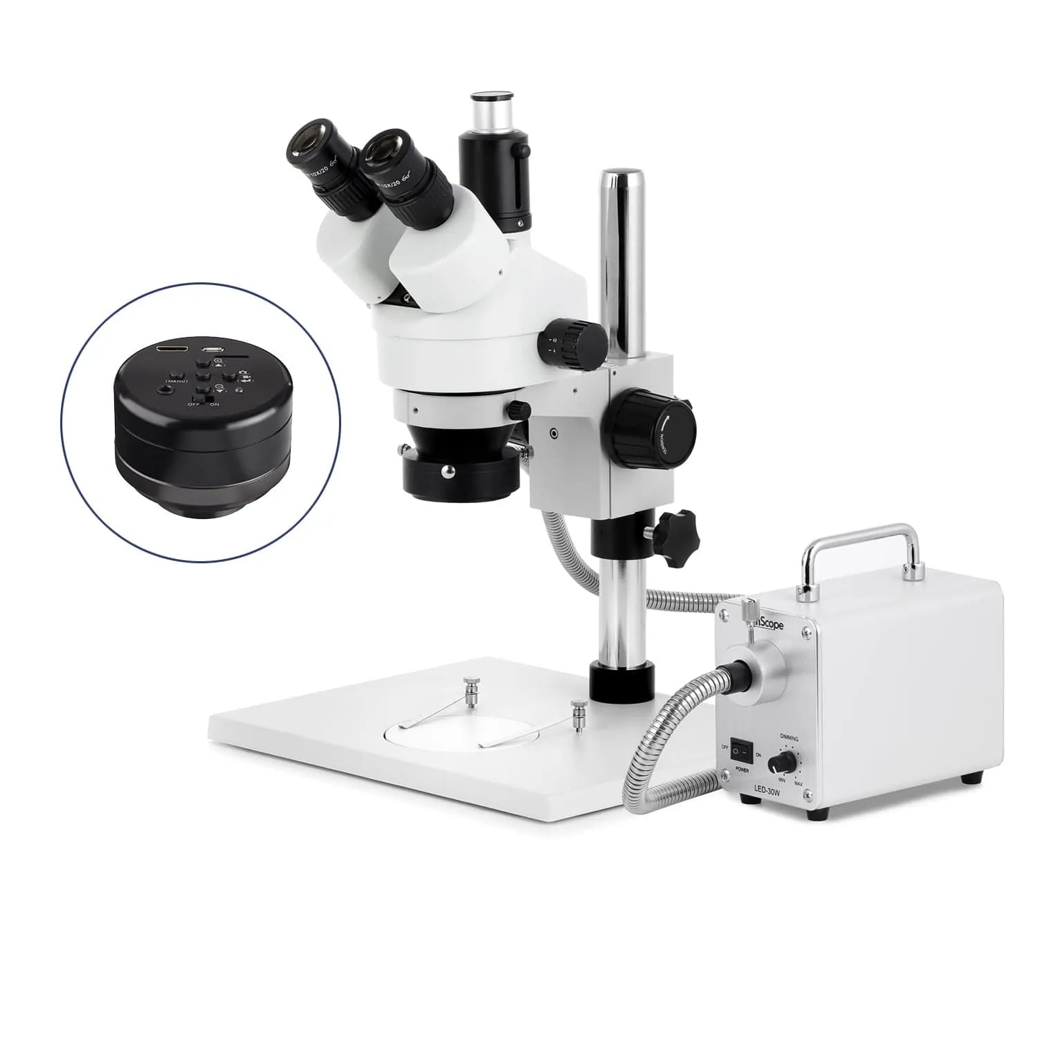 AmScope SM-1 Series Zoom Trinocular Stereo Microscope on Pillar Stand with Extra Large Base Plate w/30W LED Fiber Optic Ring Light and HD Recording Camera