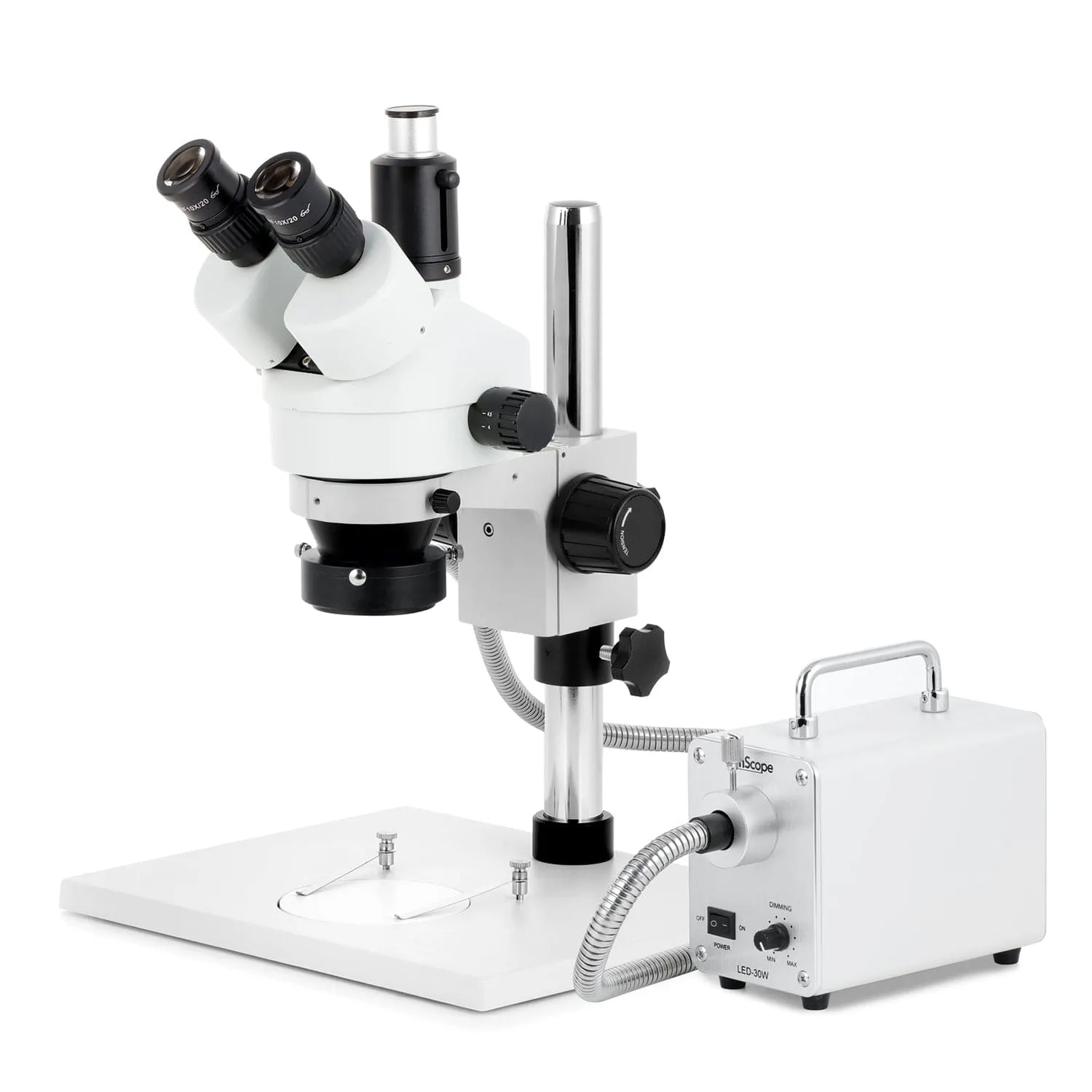 AmScope SM-1 Series Zoom Trinocular Stereo Microscope on Pillar Stand with Extra Large Base Plate w/30W LED Fiber Optic Ring Light and HD Recording Camera