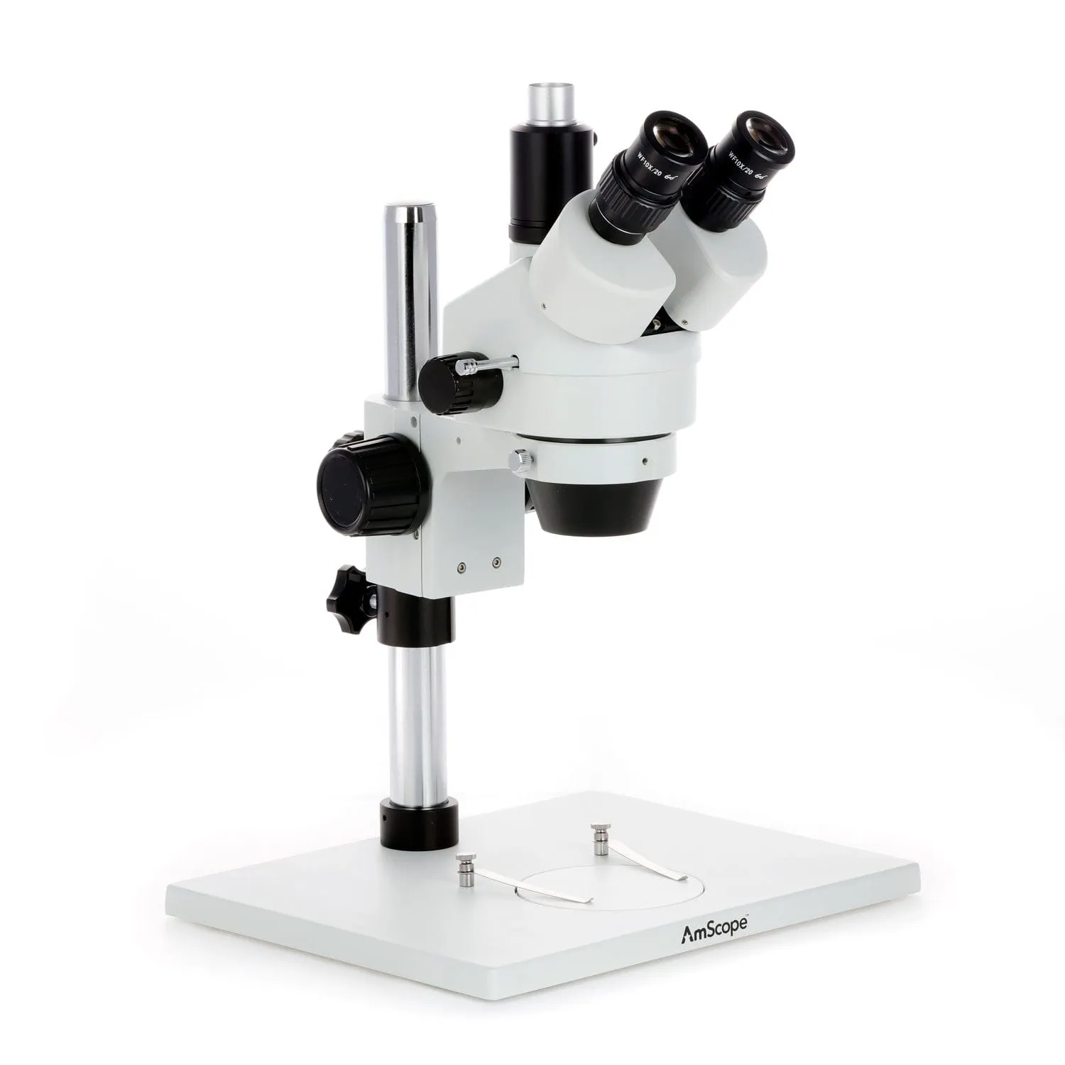 AmScope SM-1 Series Zoom Trinocular Stereo Microscope on Pillar Stand with Extra Large Base Plate w/30W LED Fiber Optic Ring Light and HD Recording Camera