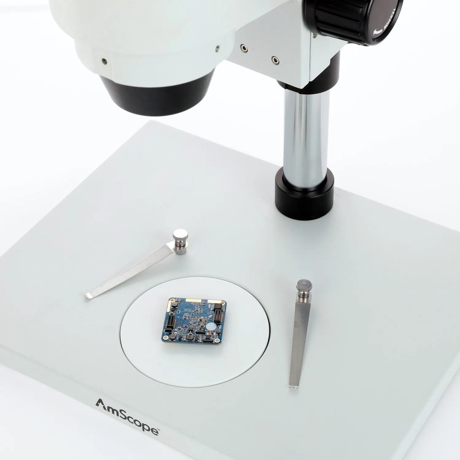 AmScope SM-1 Series Zoom Trinocular Stereo Microscope on Pillar Stand with Extra Large Base Plate w/30W LED Fiber Optic Ring Light and HD Recording Camera