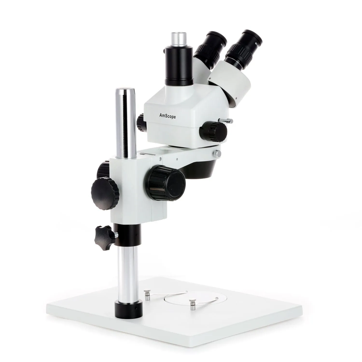 AmScope SM-1 Series Zoom Trinocular Stereo Microscope on Pillar Stand with Extra Large Base Plate w/30W LED Fiber Optic Ring Light and HD Recording Camera
