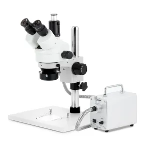 AmScope SM-1 Series Zoom Trinocular Stereo Microscope on Pillar Stand with Extra Large Base Plate w/30W LED Fiber Optic Ring Light and HD Recording Camera