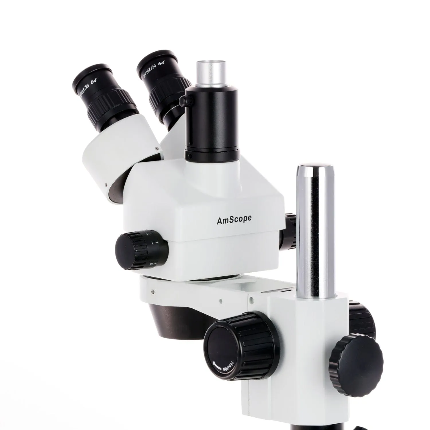 AmScope SM-1 Series Zoom Trinocular Stereo Microscope on Pillar Stand with Extra Large Base Plate w/30W LED Fiber Optic Ring Light and HD Recording Camera