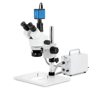 AmScope SM-1 Series Zoom Trinocular Stereo Microscope on Pillar Stand with Extra Large Base Plate w/30W LED Fiber Optic Ring Light and HDMI Camera