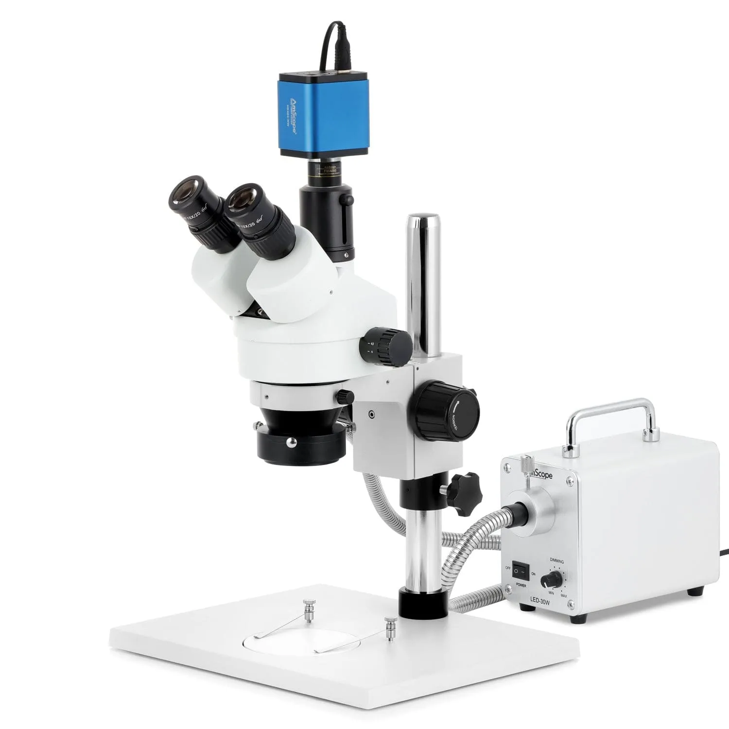 AmScope SM-1 Series Zoom Trinocular Stereo Microscope on Pillar Stand with Extra Large Base Plate w/30W LED Fiber Optic Ring Light and HDMI Camera