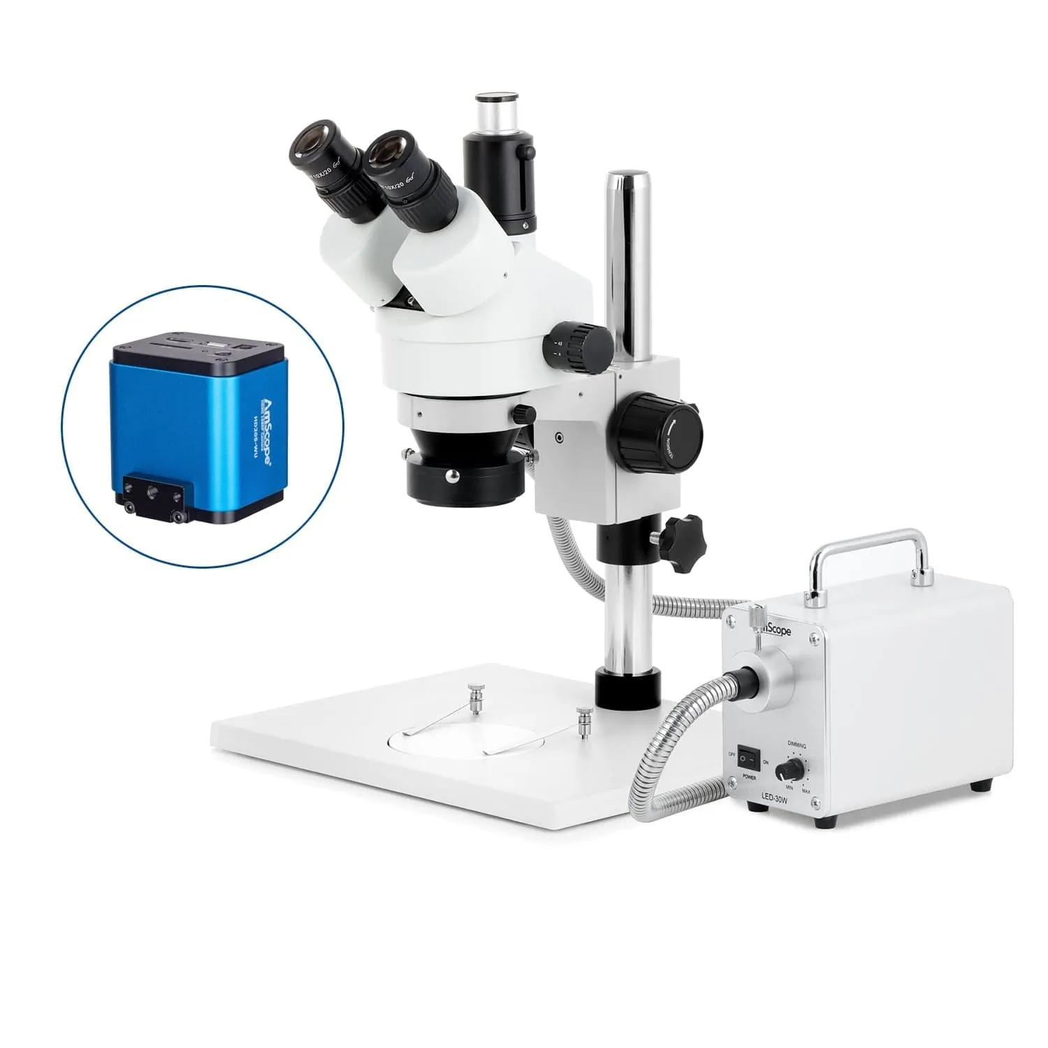 AmScope SM-1 Series Zoom Trinocular Stereo Microscope on Pillar Stand with Extra Large Base Plate w/30W LED Fiber Optic Ring Light and HDMI Camera