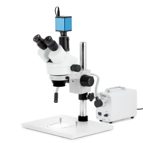 AmScope SM-1 Series Zoom Trinocular Stereo Microscope on Pillar Stand with Extra Large Base Plate w/30W LED Single Fiber Optic Gooseneck Light and Auto Focus Camera