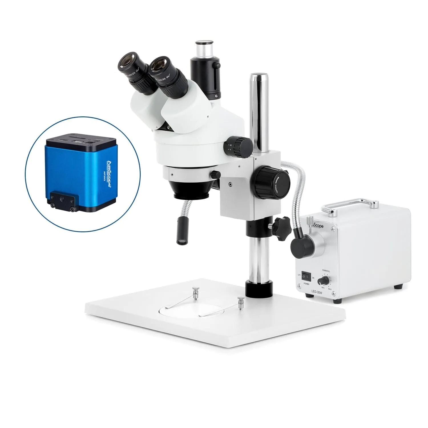 AmScope SM-1 Series Zoom Trinocular Stereo Microscope on Pillar Stand with Extra Large Base Plate w/30W LED Single Fiber Optic Gooseneck Light and Auto Focus Camera