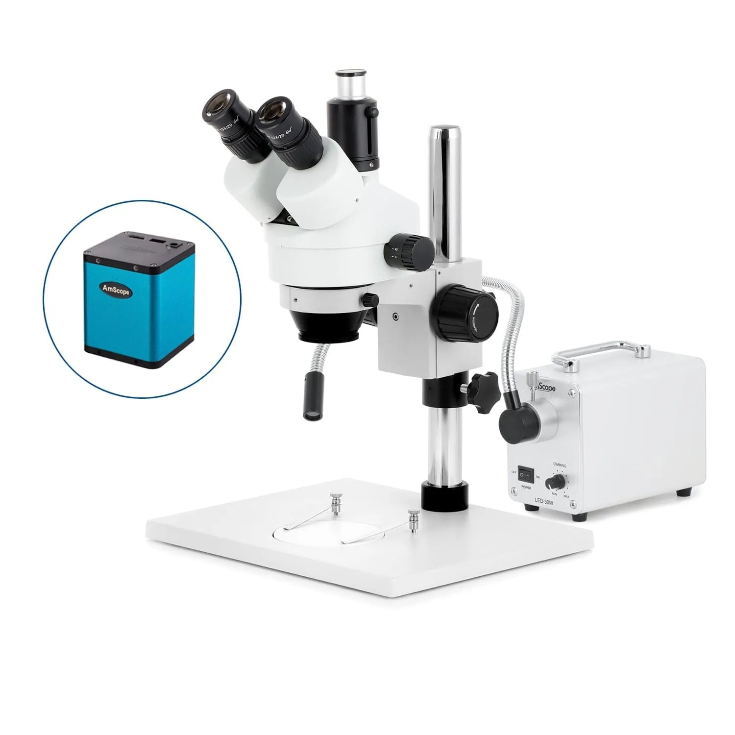AmScope SM-1 Series Zoom Trinocular Stereo Microscope on Pillar Stand with Extra Large Base Plate w/30W LED Single Fiber Optic Gooseneck Light and Auto Focus Camera