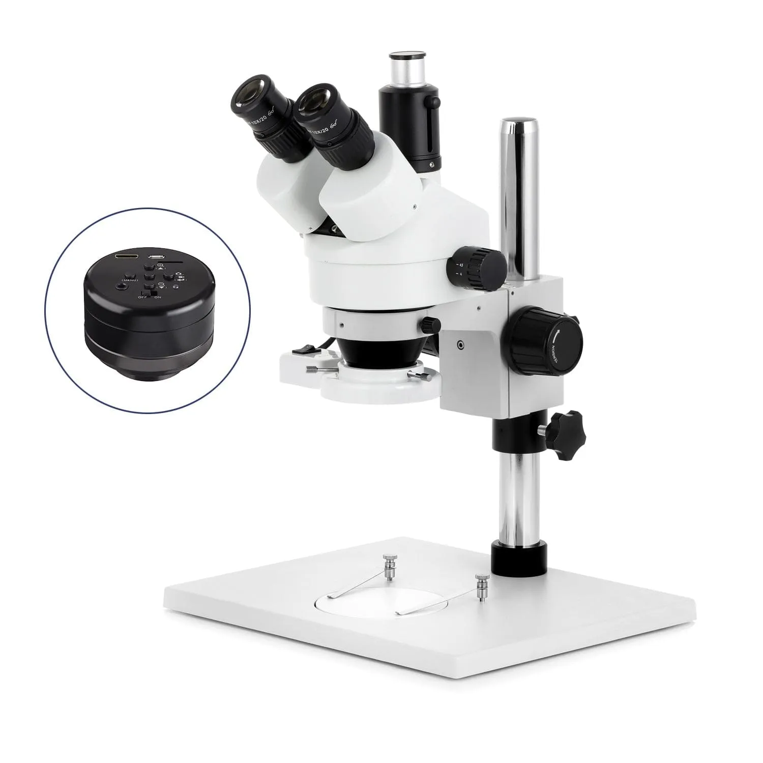 AmScope SM-1 Series Zoom Trinocular Stereo Microscope on Pillar Stand with Extra Large Base Plate w/8W Fluorescent Ring Light and HD Recording Camera