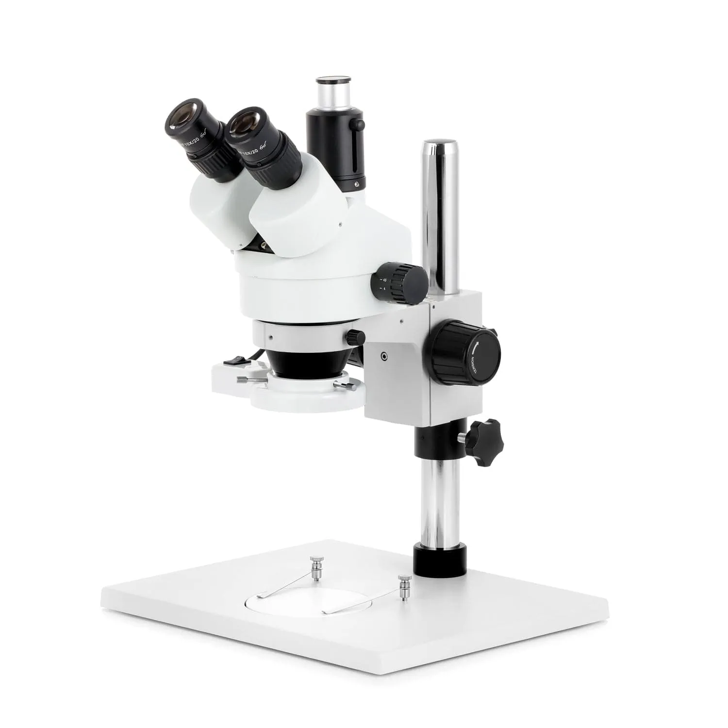 AmScope SM-1 Series Zoom Trinocular Stereo Microscope on Pillar Stand with Extra Large Base Plate w/8W Fluorescent Ring Light and HD Recording Camera