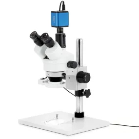 AmScope SM-1 Series Zoom Trinocular Stereo Microscope on Pillar Stand with Extra Large Base Plate w/8W Fluorescent Ring Light and HDMI Camera