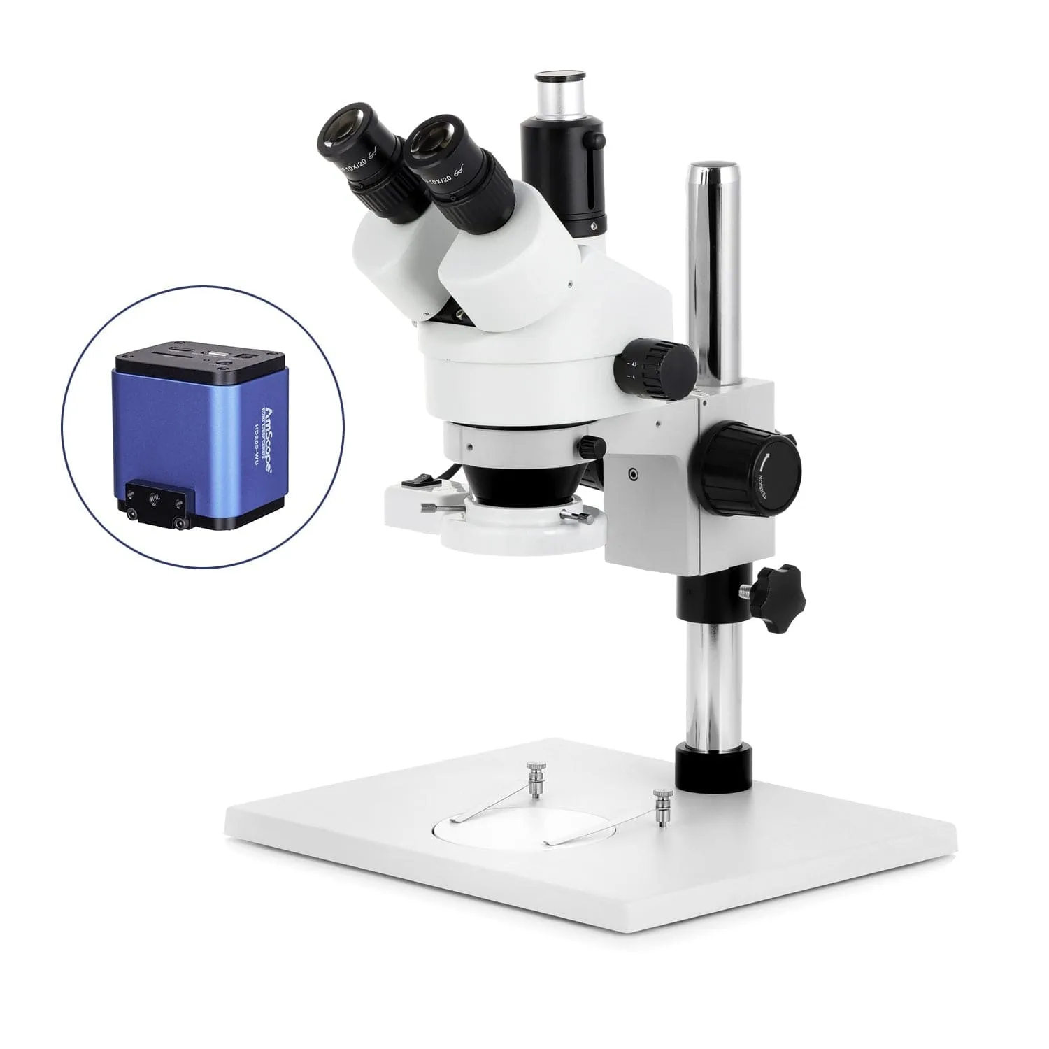 AmScope SM-1 Series Zoom Trinocular Stereo Microscope on Pillar Stand with Extra Large Base Plate w/8W Fluorescent Ring Light and HDMI Camera