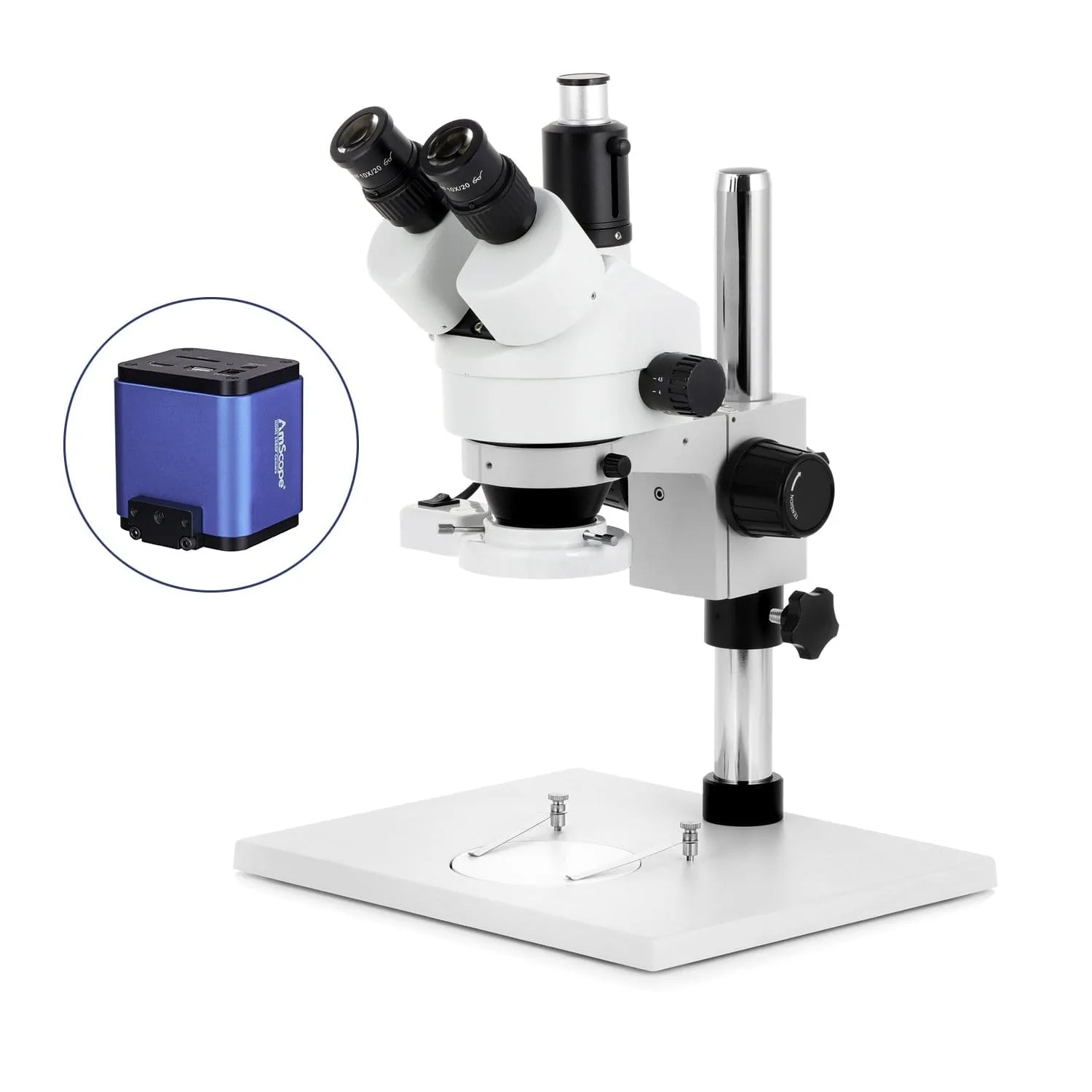 AmScope SM-1 Series Zoom Trinocular Stereo Microscope on Pillar Stand with Extra Large Base Plate w/8W Fluorescent Ring Light and HDMI Camera