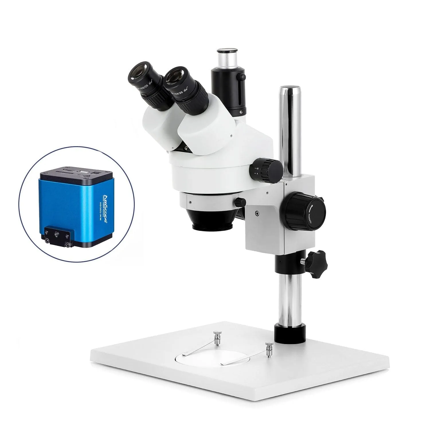 AmScope SM-1 Series Zoom Trinocular Stereo Microscope on Pillar Stand with Extra Large Base Plate w/HDMI Camera
