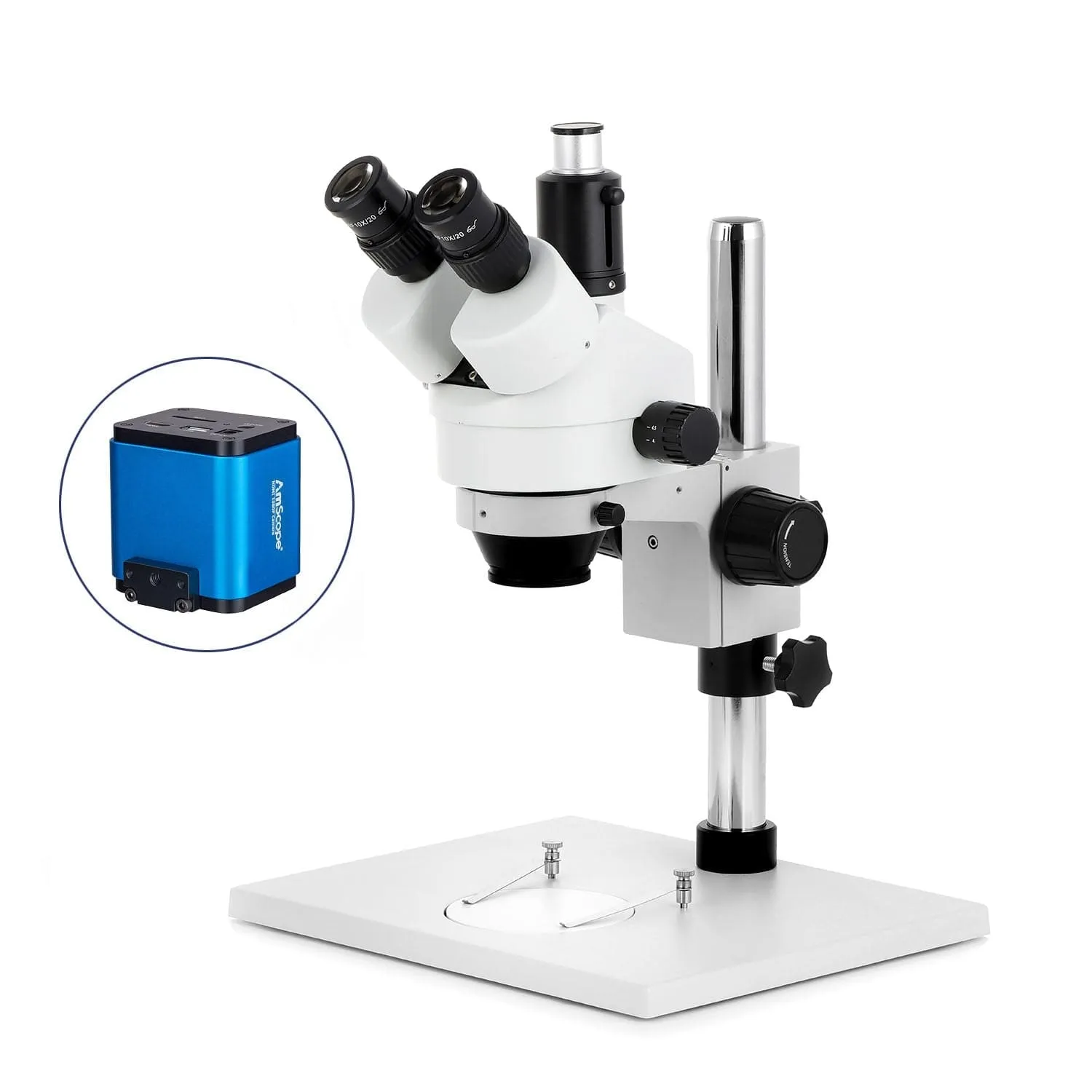 AmScope SM-1 Series Zoom Trinocular Stereo Microscope on Pillar Stand with Extra Large Base Plate w/HDMI Camera