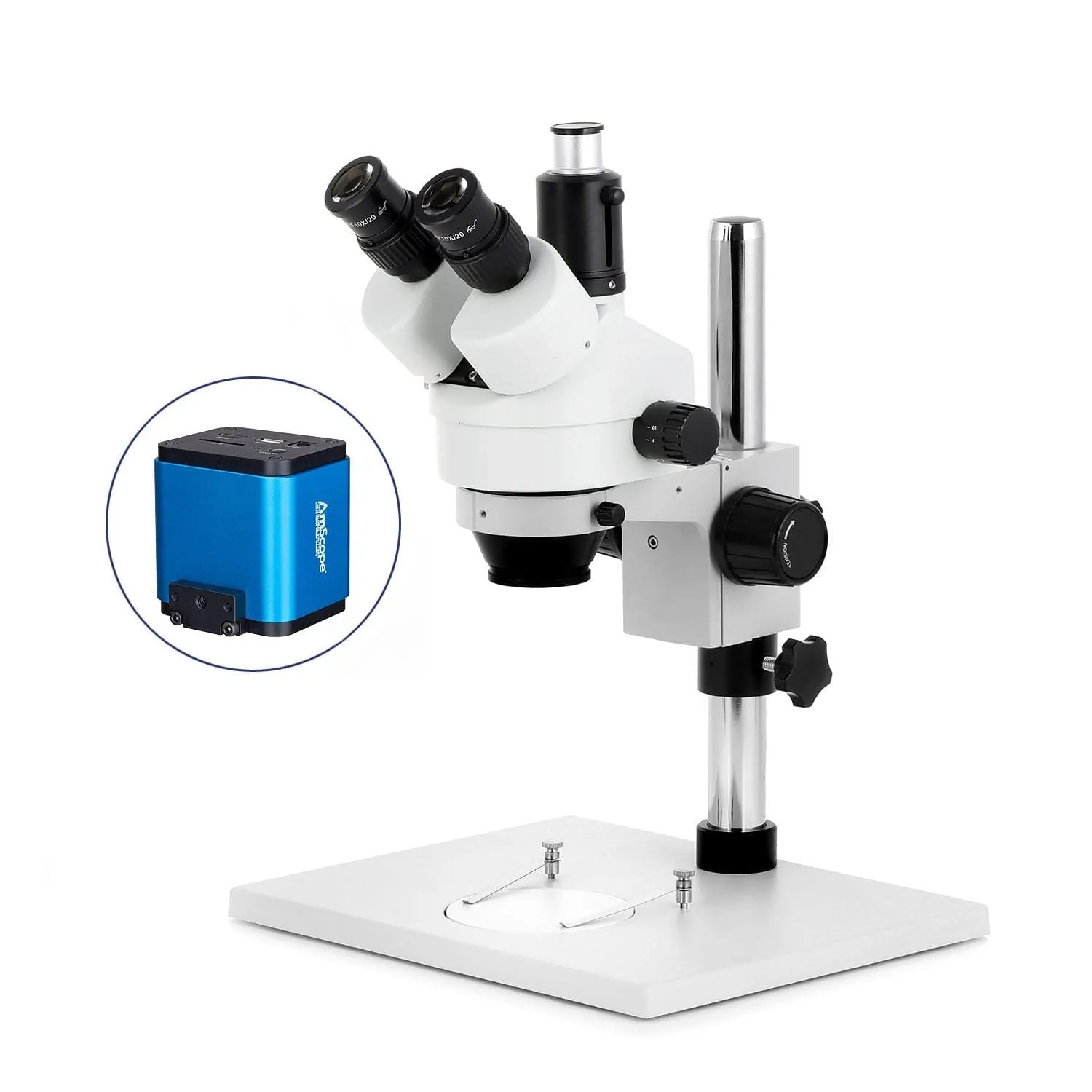 AmScope SM-1 Series Zoom Trinocular Stereo Microscope on Pillar Stand with Extra Large Base Plate w/HDMI Camera