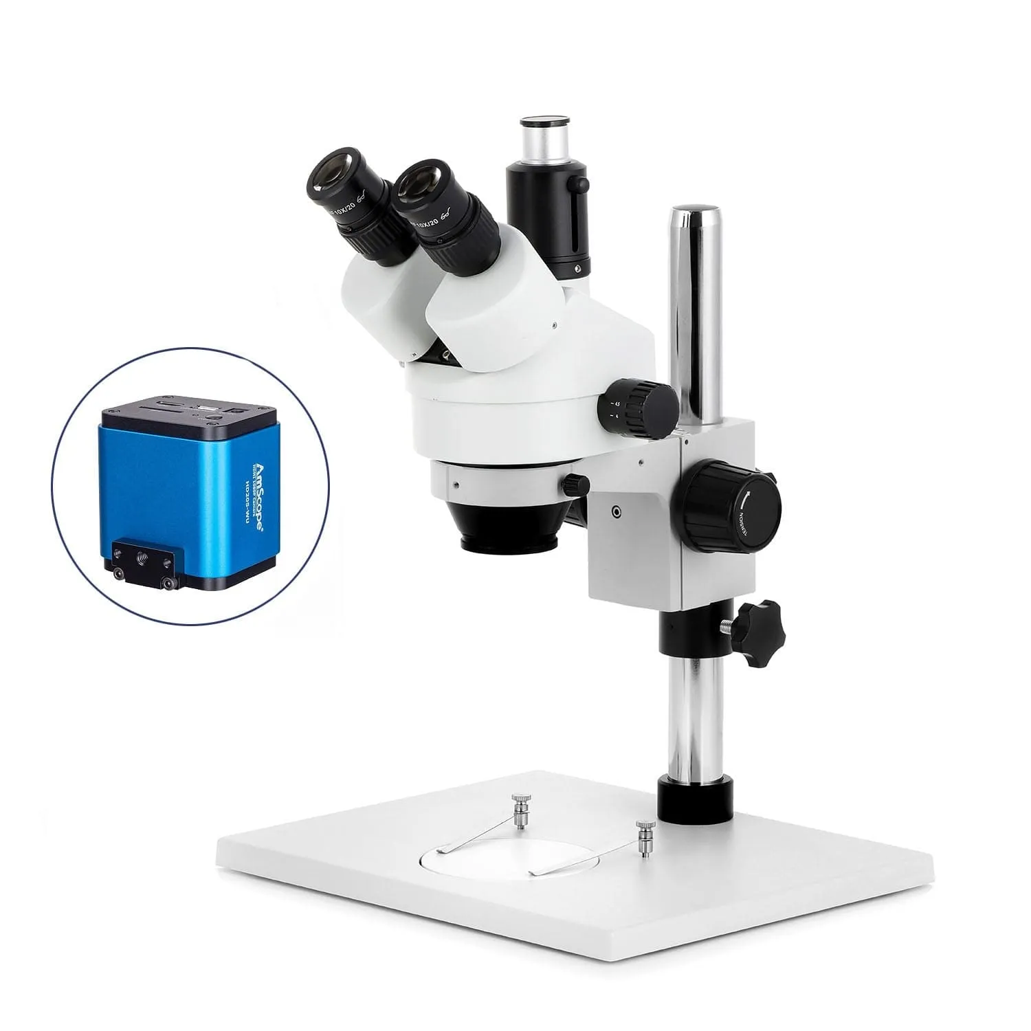 AmScope SM-1 Series Zoom Trinocular Stereo Microscope on Pillar Stand with Extra Large Base Plate w/HDMI Camera