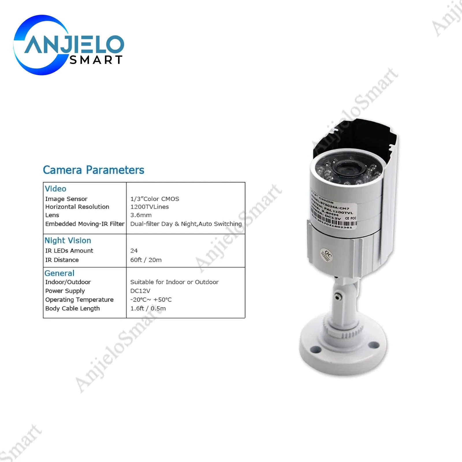 AnjieloSmart 1/3 cmos 1200TVL cctv Analog surveillance camera with 3.6mm Lens waterproof camera security camera