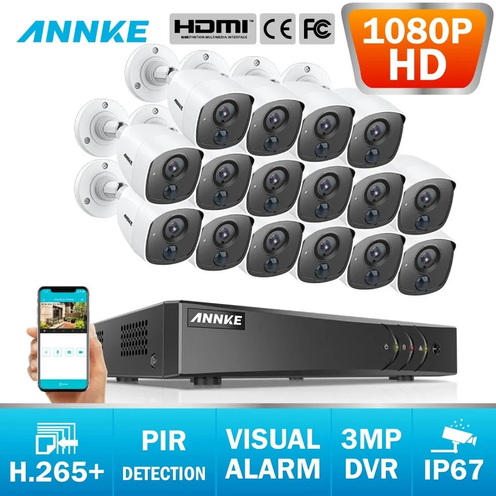 Annke 16CH 3MP H.265  5in1 CCTV DVR 16PCS 1080P Security Camera PIR Detection Outdoor Camera Home Video Surveillance System Kit