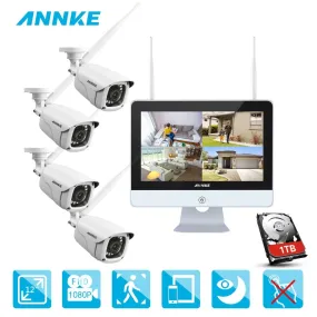 Annke 4CH 1080P HD WiFi Wireless NVR Video Surveillance System 12inch LCD Screen Automatic Screen Saver 1080P Bullet IP Cameras