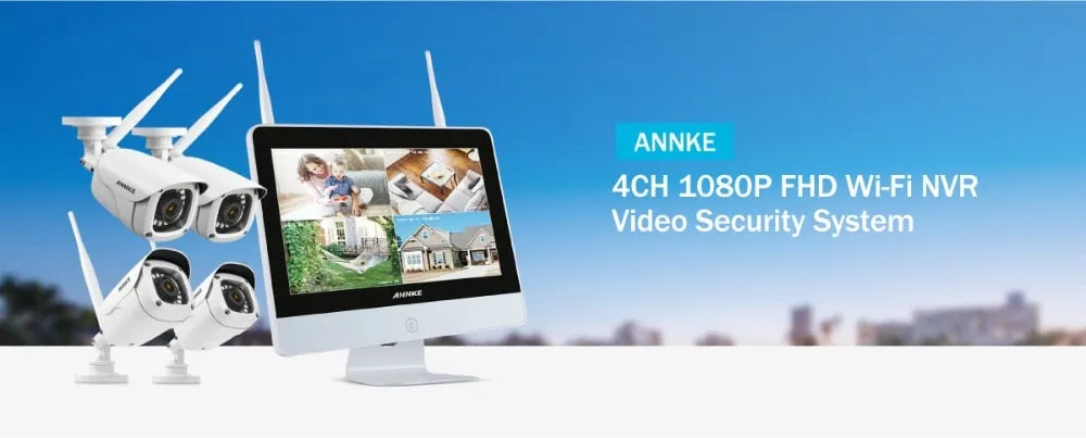 Annke 4CH 1080P HD WiFi Wireless NVR Video Surveillance System 12inch LCD Screen Automatic Screen Saver 1080P Bullet IP Cameras
