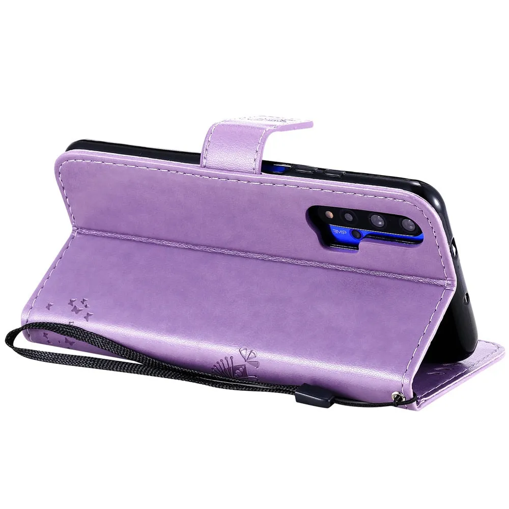 Anymob Huawei Phone Case Purple Butterfly Flip Leather Wallet Phone Cover