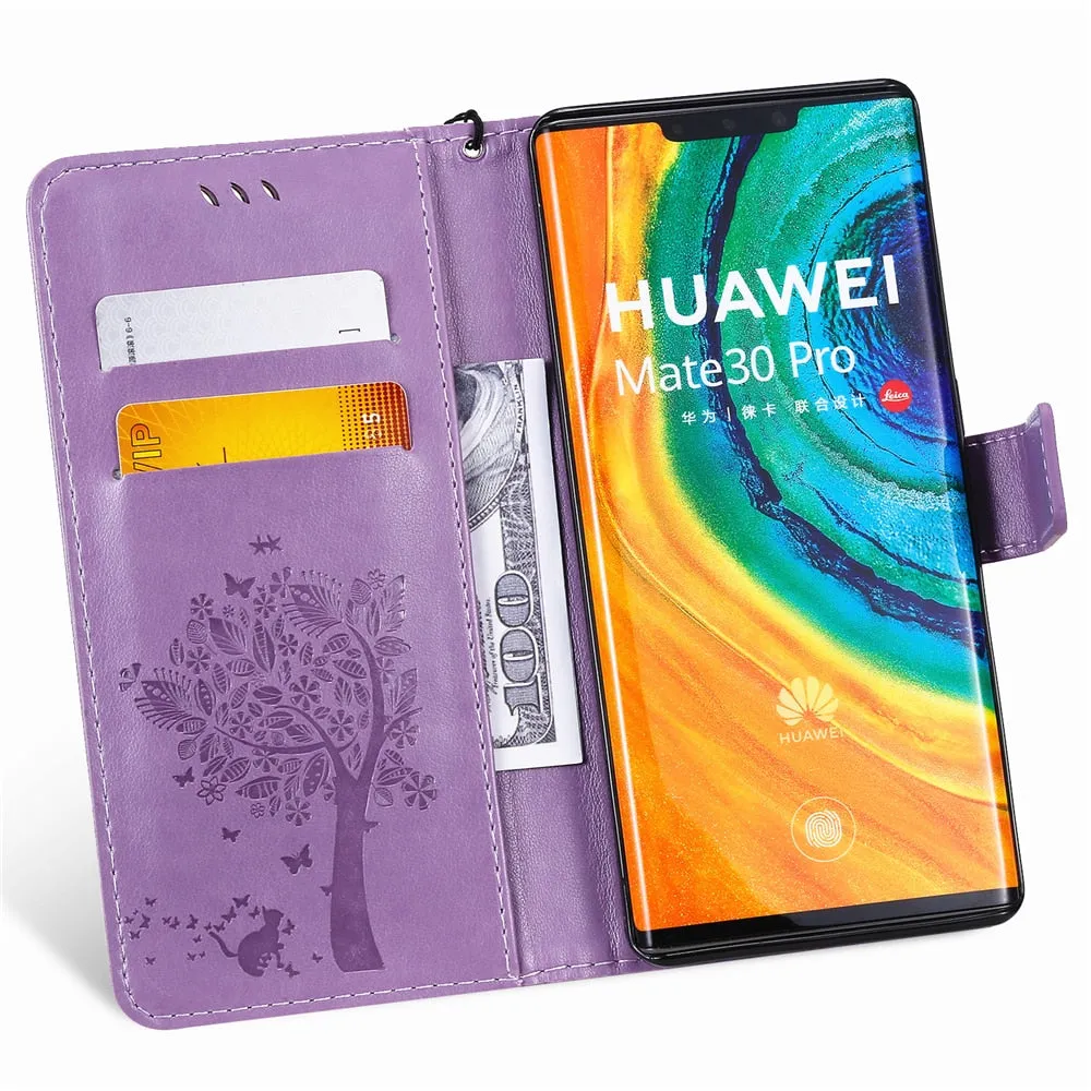 Anymob Huawei Turquoise Leather Flip Case Wallet Cover Cat Phone Shell