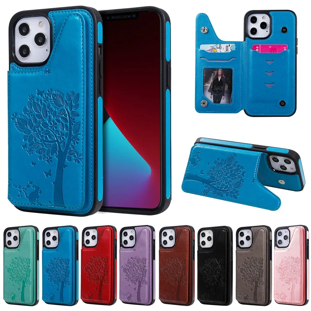 Anymob iPhone Case Pink 3D Tree Cat Leather Flip Wallet Cover