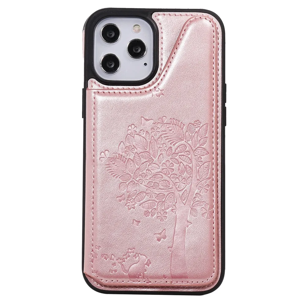 Anymob iPhone Case Pink 3D Tree Cat Leather Flip Wallet Cover