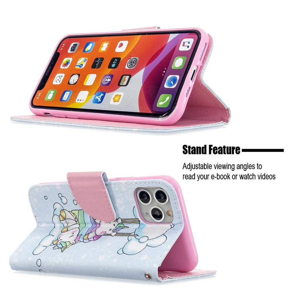Anymob iPhone Case White Unicorn Unicorn Painted Leather Magnetic Flip Wallet Cover Shell