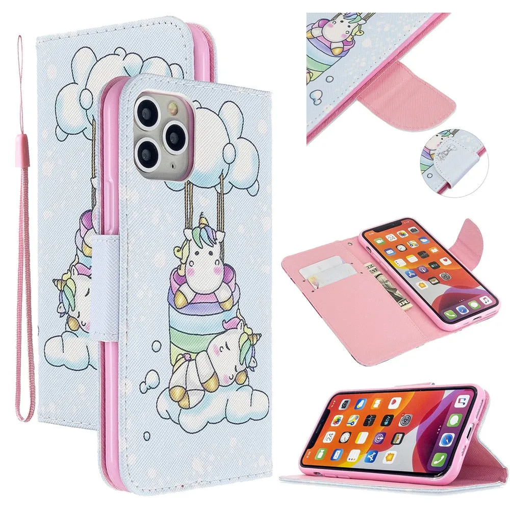 Anymob iPhone Case White Unicorn Unicorn Painted Leather Magnetic Flip Wallet Cover Shell
