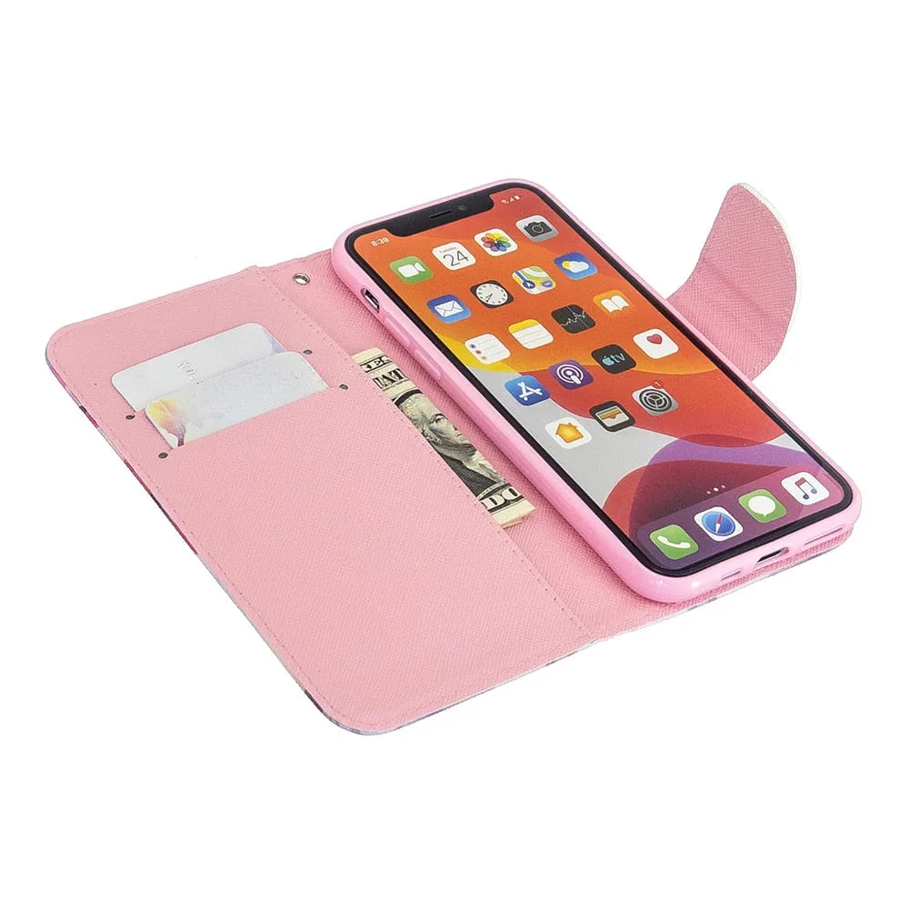 Anymob iPhone Case White Unicorn Unicorn Painted Leather Magnetic Flip Wallet Cover Shell